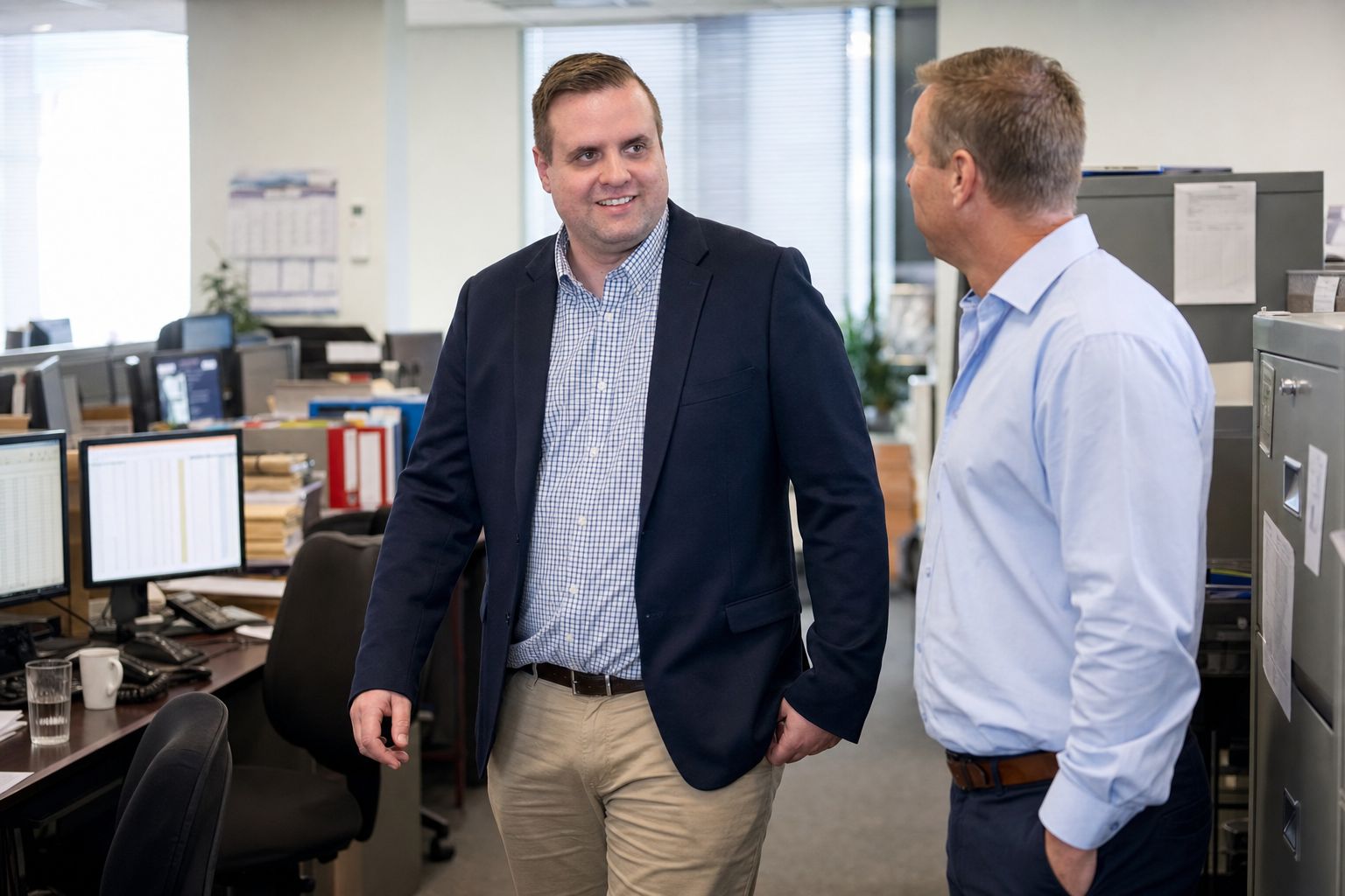 Brandon from Defy IT talking with an accountant on the floor of an accounting practice, ledgers and spreadsheets on screen behind them