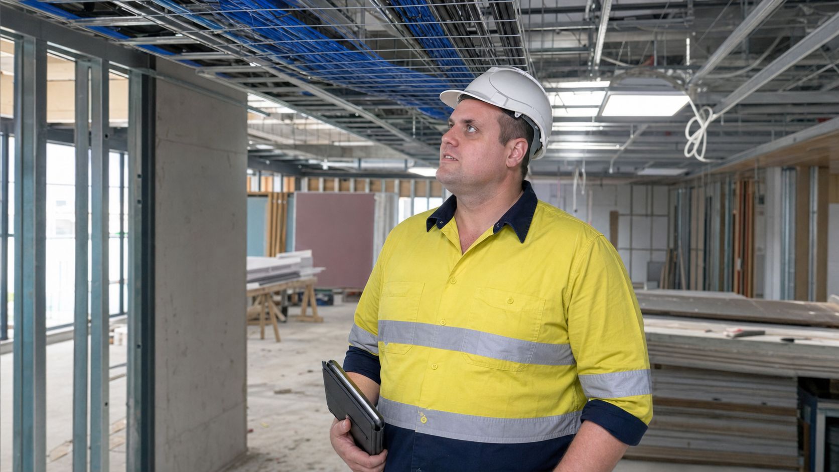 Brandon from Defy IT in hi-vis and a hard hat inspecting data cabling in the ceiling of a building under construction