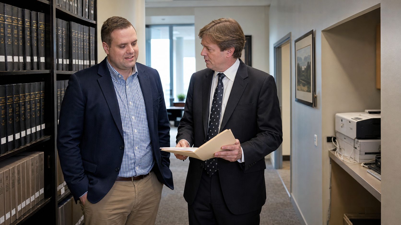 Brandon from Defy IT talking with a solicitor beside the law reports shelving in a law firm