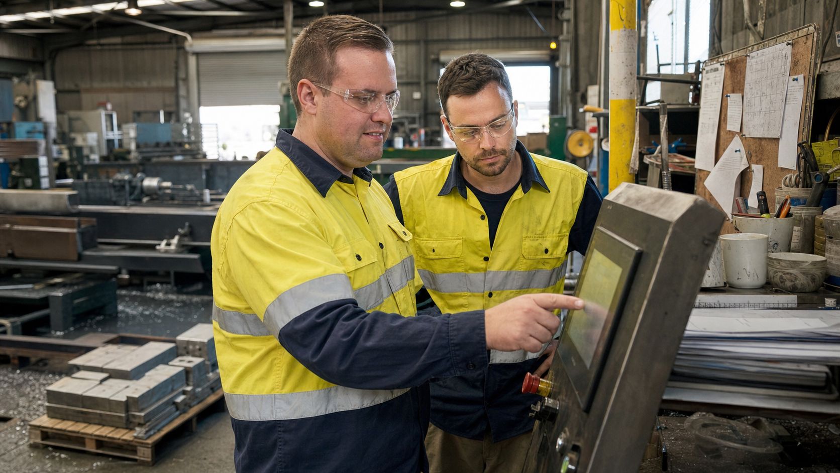 Brandon from Defy IT in hi-vis and safety glasses reviewing a machine control panel with an operator on a factory floor