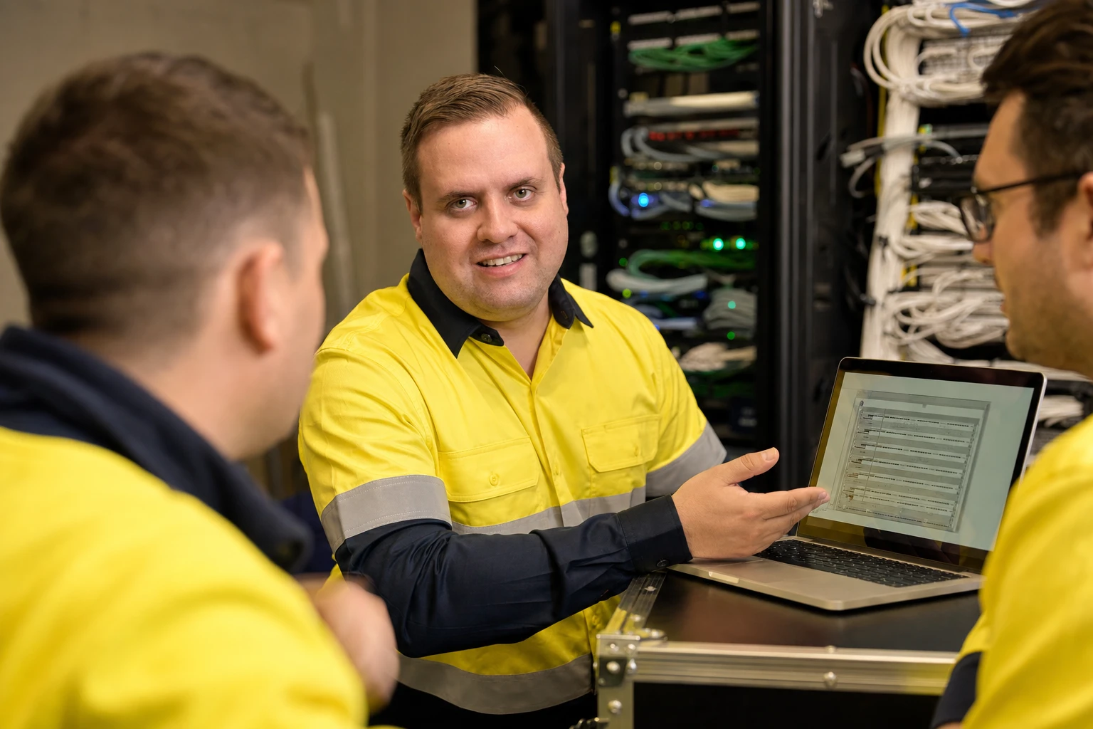 Brandon from Defy IT in hi-vis showing a laptop to two colleagues beside a network rack