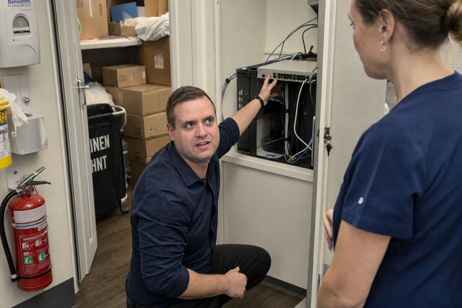 Brandon from Defy IT working on a network cabinet in a medical clinic