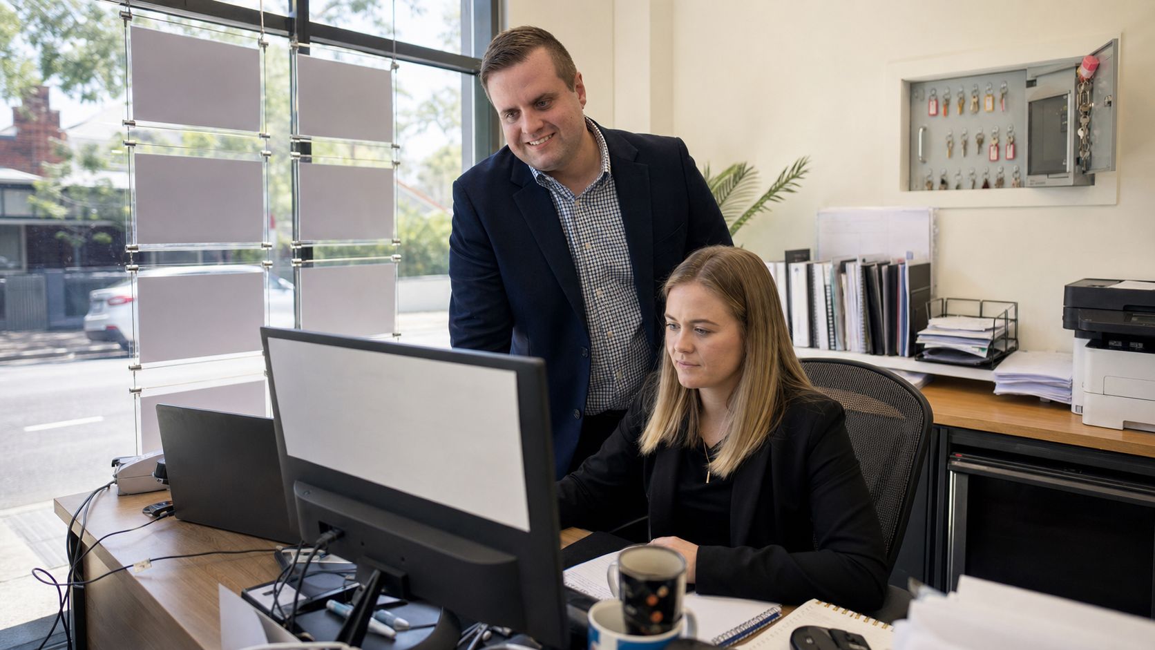 Brandon from Defy IT helping a property manager at her desk in a real estate agency, key cabinet on the wall behind