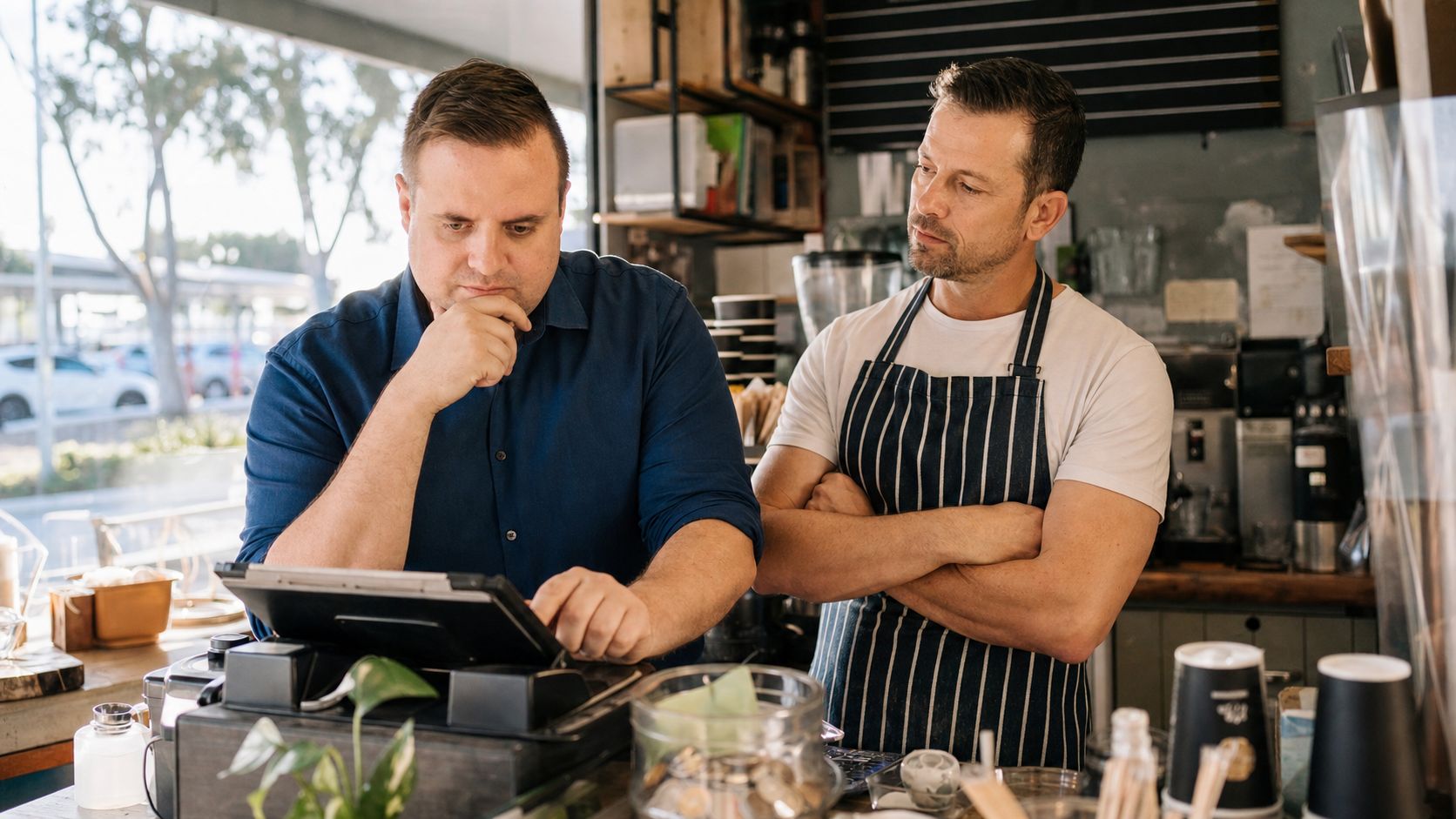 Brandon from Defy IT working on a cafe POS terminal while the owner in an apron looks on