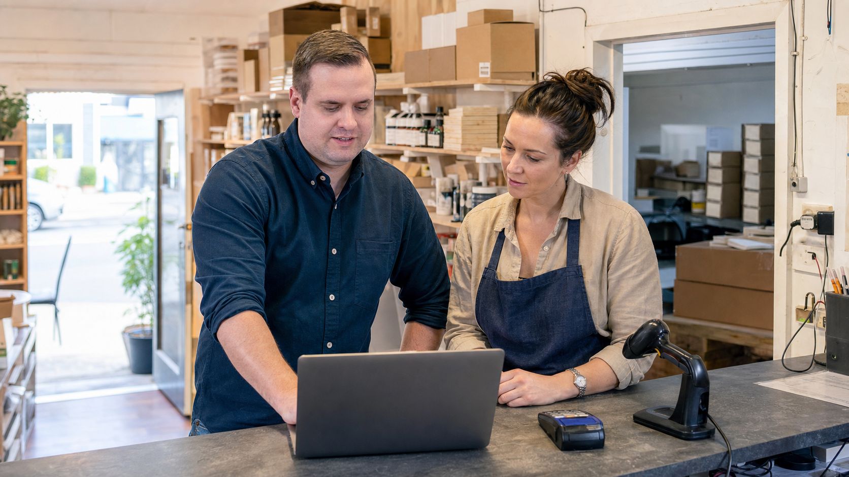 Brandon from Defy IT going through stock and payment systems on a laptop with a shop owner at the counter
