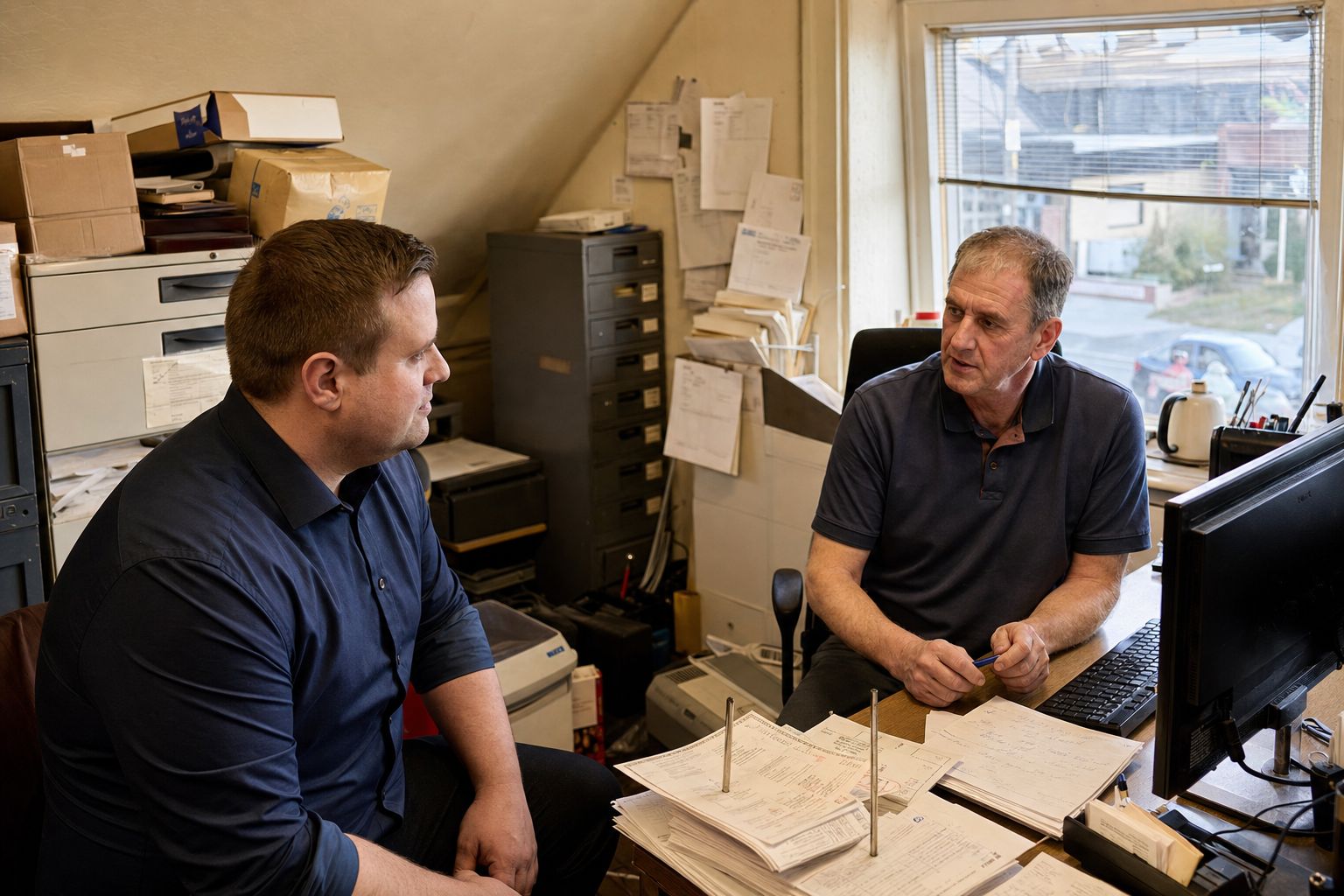 Brandon from Defy IT sitting down with a business owner in a small back office surrounded by paperwork and filing cabinets