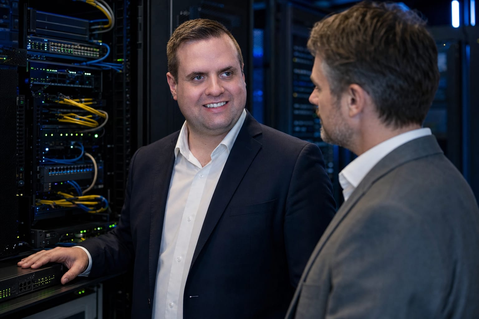 Brandon from Defy IT with a client beside server racks