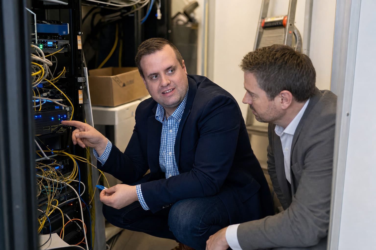 Brandon from Defy IT checking cabling in a comms cabinet with a client