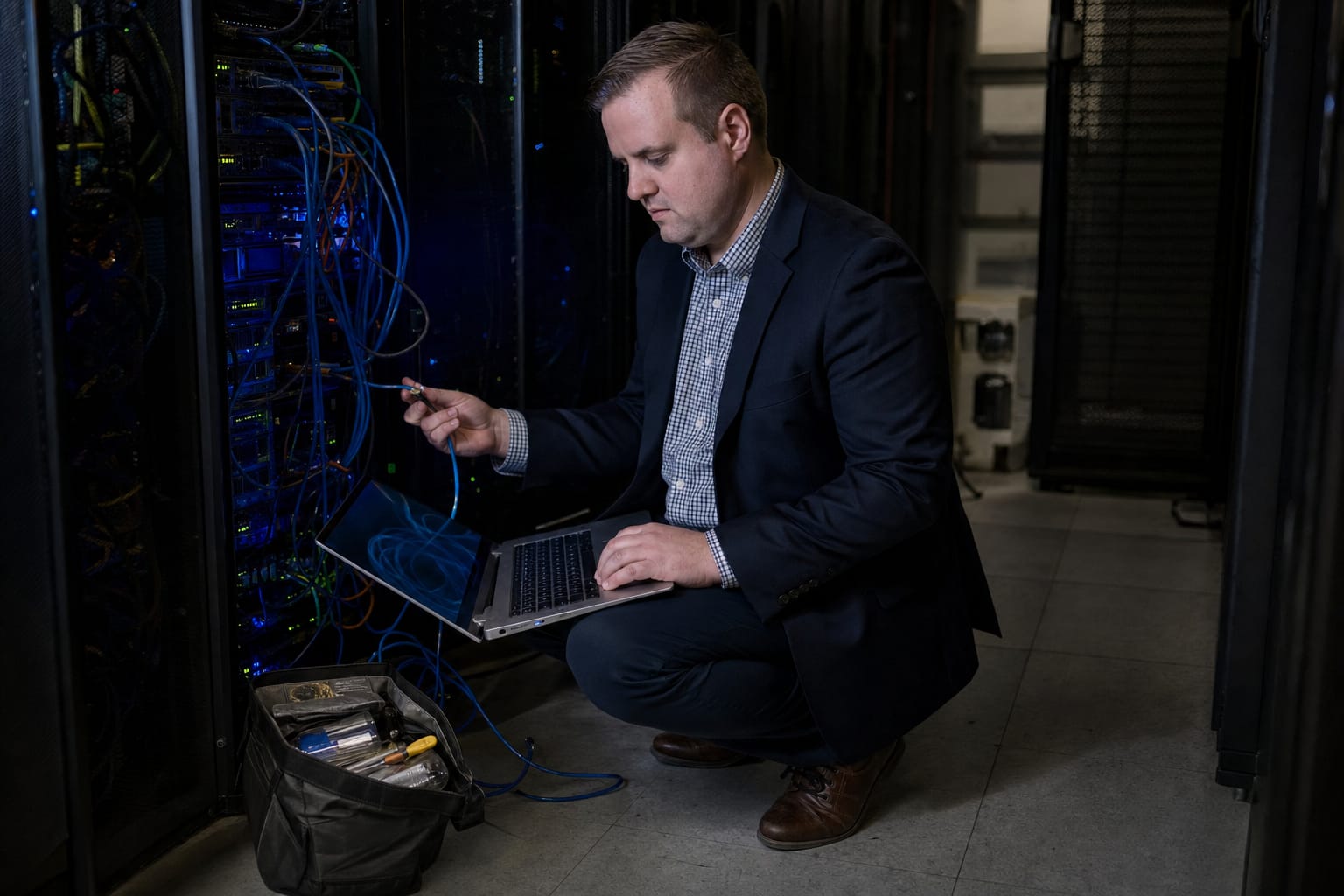 Brandon from Defy IT running diagnostics on server cabling from a laptop in a data centre aisle