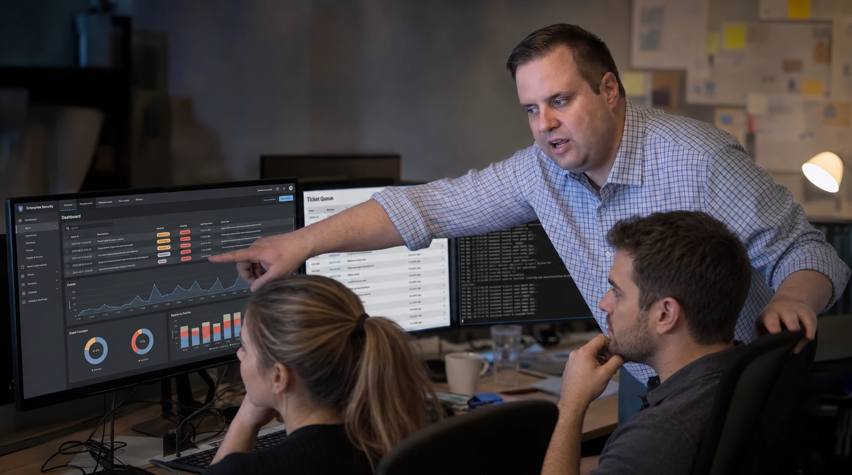 Brandon from Defy IT reviewing a security dashboard with a client team