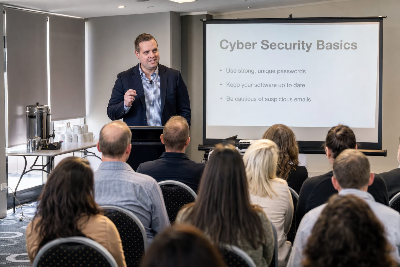 Brandon from Defy IT presenting a cyber security basics session to a room of business staff